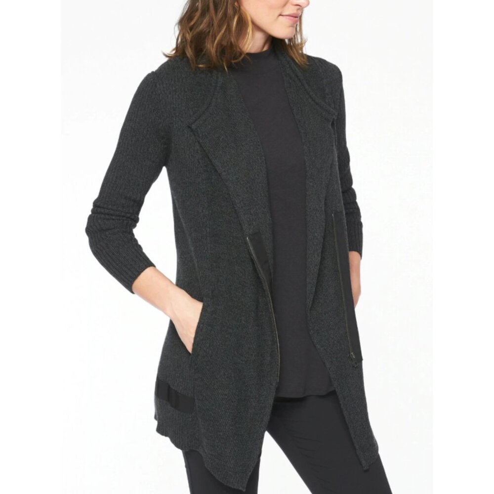 Athleta Sentinel Sweater Wrap Jacket Charcoal Marl Small Extra Fine Merino Wool - Picture 2 of 11